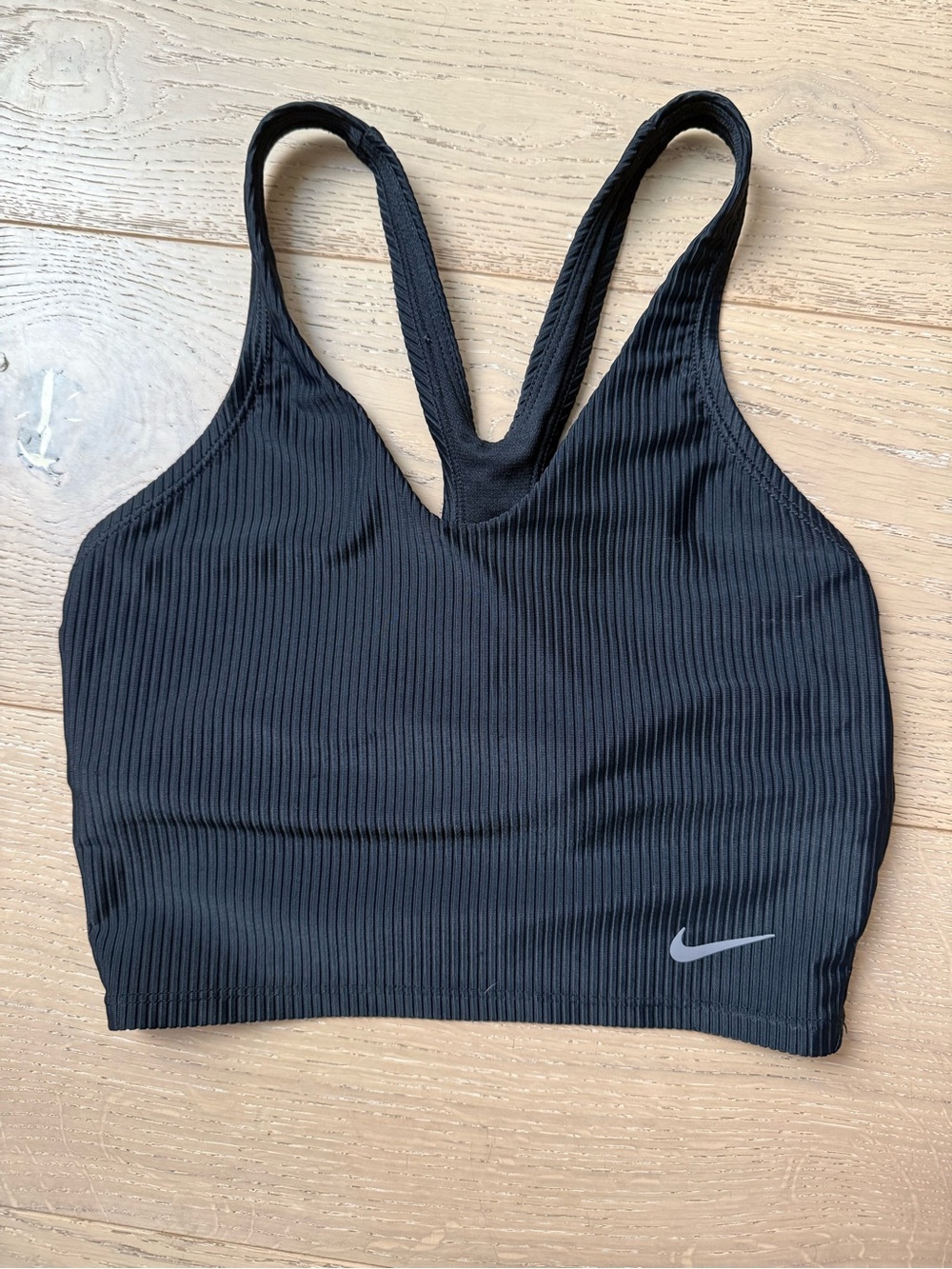 Nike Black Ribbed V-Back Sports Bra with Silver Swoosh